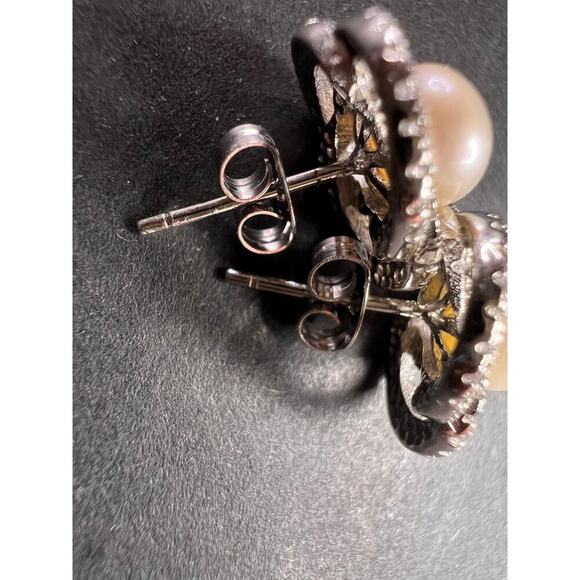 Cultured pearl swirl stud earrings in sterling silver with cz accents - Picture 6 of 14